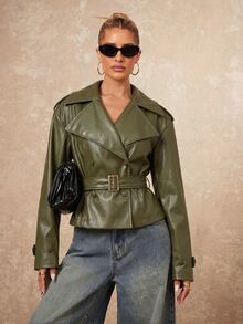 Lumalex Autumn Women's Faux Leather Exaggerated Padded Shoulder Oversized Casual Lapel Long Sleeve Cinched Waist Trench Coat Night Out Olive Green - Green - View 8