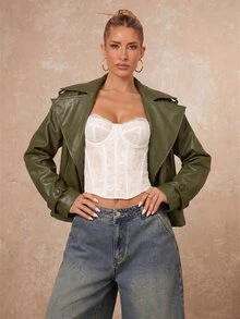 Lumalex Autumn Women's Faux Leather Exaggerated Padded Shoulder Oversized Casual Lapel Long Sleeve Cinched Waist Trench Coat Night Out Olive Green - Green - View 7