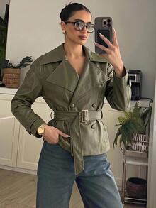 Lumalex Autumn Women's Faux Leather Exaggerated Padded Shoulder Oversized Casual Lapel Long Sleeve Cinched Waist Trench Coat Night Out Olive Green - Green - View 3