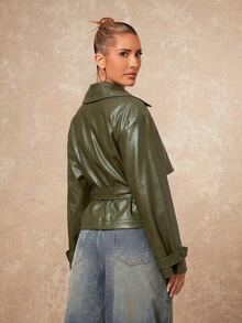 Lumalex Autumn Women's Faux Leather Exaggerated Padded Shoulder Oversized Casual Lapel Long Sleeve Cinched Waist Trench Coat Night Out Olive Green - Green - View 2