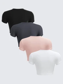SHEIN BASICS 4件組休閒純色針織圓領短袖修身短版女款T恤 夏季上衣 日常居家穿著 黑灰色粉色白色 - 淺粉色 - 查看 3