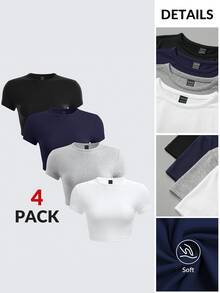 SHEIN BASICS 4pcs/Set Women Solid Color Knitted Round Neck Short Sleeve Slim Fit Cropped T-Shirts Summer Tops Black Navy Blue Grey White Casual Basic Everyday - Multicolor - View 5