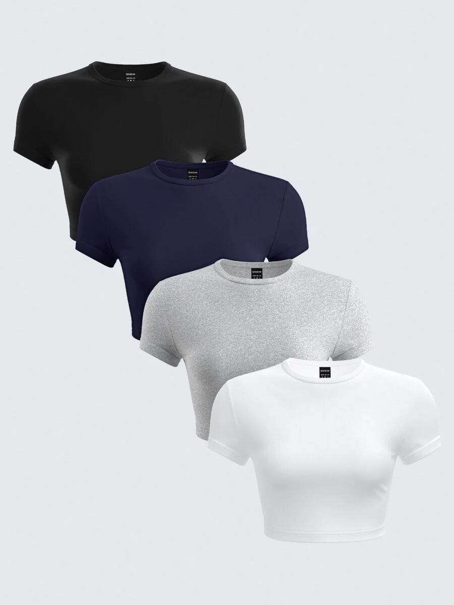 SHEIN BASICS 4pcs/Set Women Solid Color Knitted Round Neck Short Sleeve Slim Fit Cropped T-Shirts Summer Tops Black Navy Blue Grey White Casual Basic Everyday