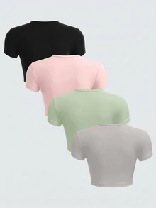 SHEIN BASICS 4pcs/Set Casual Solid Color Knit Round Neck Short Sleeve Fitted Cropped Women T-Shirts Summer Tops School Black Light Pink Green Light Grey - Multicolor - View 2