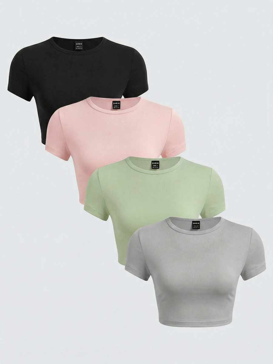 SHEIN BASICS 4pcs/Set Casual Solid Color Knit Round Neck Short Sleeve Fitted Cropped Women T-Shirts Summer Tops School Black Light Pink Green Light Grey - Multicolor - View 1