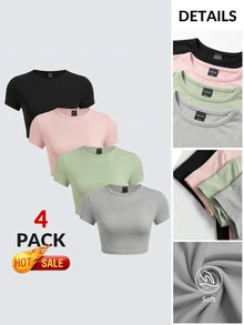 SHEIN BASICS 4pcs/Set Casual Solid Color Knit Round Neck Short Sleeve Fitted Cropped Women T-Shirts Summer Tops School Black Light Pink Green Light Grey - Multicolor - View 3