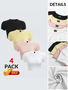 SHEIN BASICS 4pcs/Set Casual Solid Color Knit Round Neck Short Sleeve Fitted Cropped Women T-Shirts Summer Tops Everyday Home Black Butter Yellow Baby Pink White - Multicolor - View 3