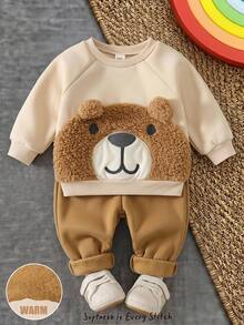 Cozy Pixies Baby Boy Cartoon Embroidery 3D Ears Design Raglan Sleeve Sweatshirt & Sweatpants - Khaki - View 9