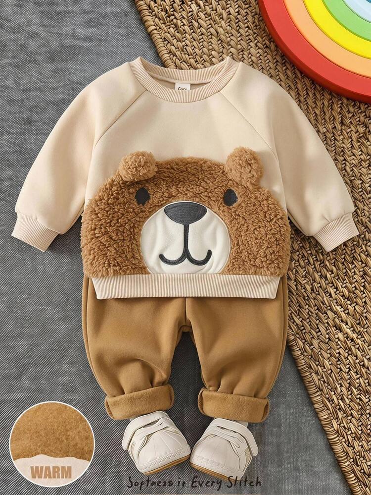Cozy Pixies Baby Boy Cartoon Embroidery 3D Ears Design Raglan Sleeve Sweatshirt & Sweatpants - Khaki - View 9