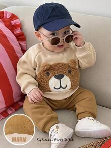 Cozy Pixies Baby Boy Cartoon Embroidery 3D Ears Design Raglan Sleeve Sweatshirt & Sweatpants - Khaki - View 10