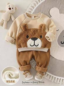 Cozy Pixies Baby Boy Cartoon Embroidery 3D Ears Design Raglan Sleeve Sweatshirt & Sweatpants - Khaki - View 1