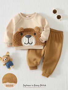 Cozy Pixies Baby Boy Cartoon Embroidery 3D Ears Design Raglan Sleeve Sweatshirt & Sweatpants - Khaki - View 7