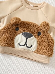Cozy Pixies Baby Boy Cartoon Embroidery 3D Ears Design Raglan Sleeve Sweatshirt & Sweatpants - Khaki - View 3