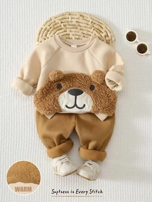 Cozy Pixies Baby Boy Cartoon Embroidery 3D Ears Design Raglan Sleeve Sweatshirt & Sweatpants - Khaki - View 8
