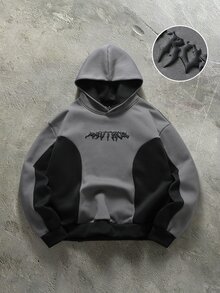 Major Grit 男士連帽衛衣，黑色與灰色拼色連帽衫，3D泡棉字母印花，雙層對比色設計，寬鬆落肩版型，街頭時尚男士連帽衫，休閒舒適百搭，適合外出、通勤、街拍、旅行、度假、日常穿著 - 彩色 - 查看 3