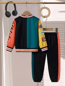 SHEIN Playful Pals 2件組小男孩秋冬時尚休閒對比色字母印花賽車棒球夾克搭配鬆緊腰長褲，適合4-7歲男孩外出、購物、日常穿著、上學及其他場合 - 彩色 - 查看 2