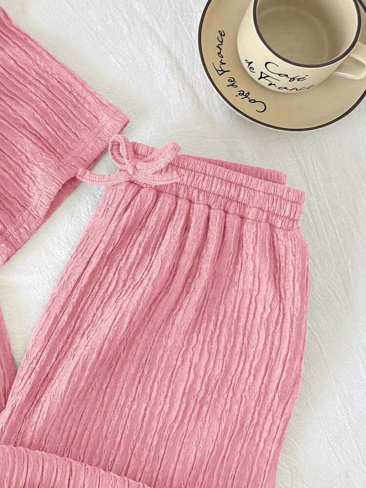 SHEIN Tween Girl Loose Casual Minimalist Comfortable Knitted Texture Round Neck Short Sleeve T-Shirt And Pants 2 Pieces Set, Back To School Outfit, Daily Wear, Brown Set, Children's Knitted Set - Pink - View 6