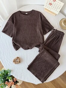 SHEIN 少女寬鬆休閒簡約舒適針織紋理圓領短袖T恤與長褲2件套，返校穿搭，日常外出穿搭，棕色套裝，兒童針織套裝 - 棕色 - 查看 4