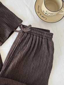 SHEIN 少女寬鬆休閒簡約舒適針織紋理圓領短袖T恤與長褲2件套，返校穿搭，日常外出穿搭，棕色套裝，兒童針織套裝 - 棕色 - 查看 7