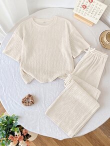 SHEIN Serisse Kids 女童寬鬆休閒極簡舒適針織紋理圓領短袖T恤與長褲2件套，返校穿搭，日常穿著，棕色套裝，兒童針織套裝 - 杏色 - 查看 3