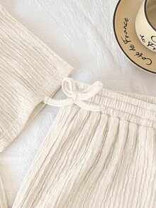 SHEIN Serisse Kids 女童寬鬆休閒極簡舒適針織紋理圓領短袖T恤與長褲2件套，返校穿搭，日常穿著，棕色套裝，兒童針織套裝 - 杏色 - 查看 6