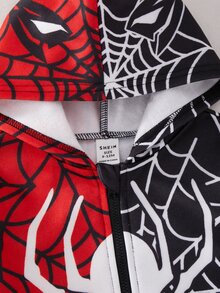 SHEIN 嬰兒男嬰女嬰可愛紅黑對比蜘蛛圖案連帽拉鍊運動衫，適合秋冬、外出、萬聖節 - 彩色 - 查看 4