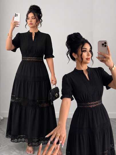 Elenzga Plus Size Elegant Short Sleeve Lantern Sleeve Ruffle V-Neck Lace Patchwork Multi-Layer Hollow Out Cake Skirt Dress Black Autumn Fall Clothes For Women
