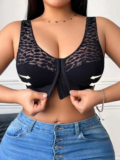 DesireSculpt Plus Size Women Lace Patchwork Front Closure Bra