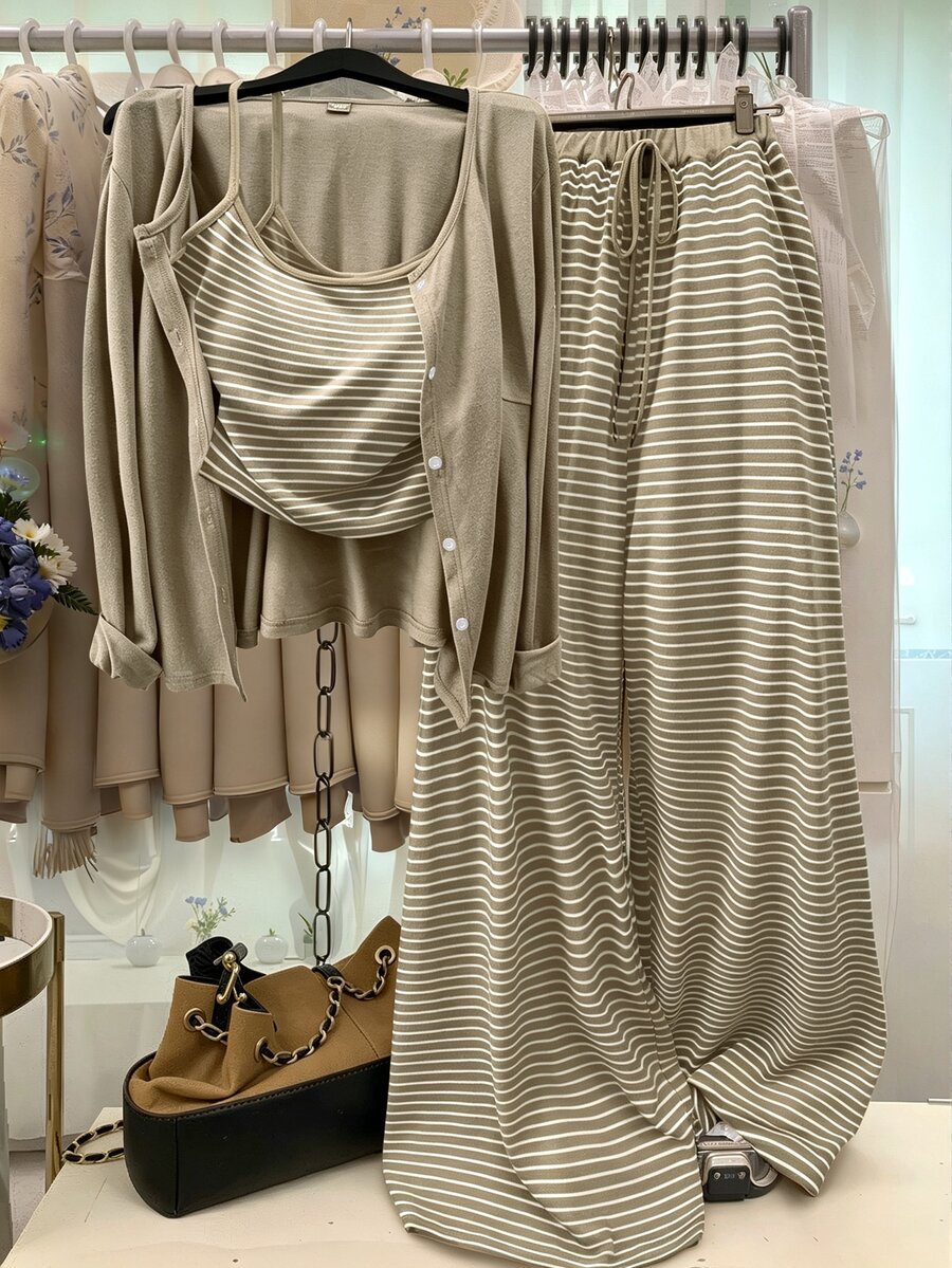 GlowEve CURVE Plus Size Knit Solid Color Cardigan With Front Button Closure, Striped Slim Fit Camisole With Drawstring Decor, Elegant Casual Commute Daily Outing Long Pants - Khaki - View 1