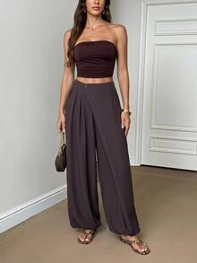 SHEIN Tall Ladies' Bohemian Casual Dark Brown Front Slanted Design Lantern Pants Brunch Daily Autumn - Brown - View 5