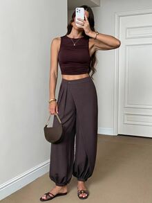 SHEIN Tall Ladies' Bohemian Casual Dark Brown Front Slanted Design Lantern Pants Brunch Daily Autumn - Brown - View 7