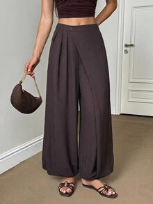SHEIN Tall Ladies' Bohemian Casual Dark Brown Front Slanted Design Lantern Pants Brunch Daily Autumn - Brown - View 3