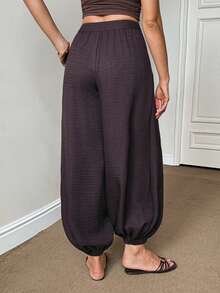 SHEIN Tall Ladies' Bohemian Casual Dark Brown Front Slanted Design Lantern Pants Brunch Daily Autumn - Brown - View 2