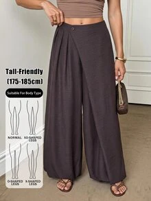 SHEIN Tall Ladies' Bohemian Casual Dark Brown Front Slanted Design Lantern Pants Brunch Daily Autumn - Brown - View 1