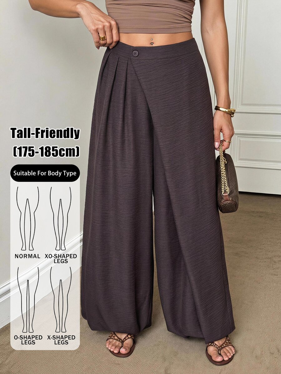 SHEIN Tall Ladies' Bohemian Casual Dark Brown Front Slanted Design Lantern Pants Brunch Daily Autumn - Brown - View 1