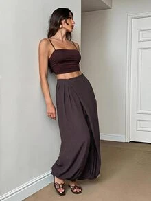 SHEIN Tall Ladies' Bohemian Casual Dark Brown Front Slanted Design Lantern Pants Brunch Daily Autumn - Brown - View 4