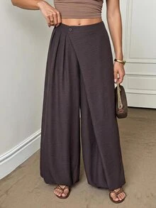 SHEIN Tall Ladies' Bohemian Casual Dark Brown Front Slanted Design Lantern Pants Brunch Daily Autumn - Brown - View 6