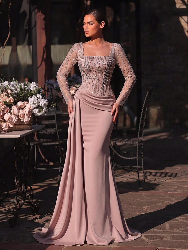 Glamrae Elegant Black Glossy High-Elastic Knit Patchwork Romantic Lace Sequin Embroidery Strapless Neckline Unique Design High Waist Slimming Side Sexy High Slit Sheer Lace Floor Length Mermaid Dress Suitable For Date Vacation Bachelorette Party Wedding Event Graduation Homecoming All Formal Occasions Women's Evening Gown