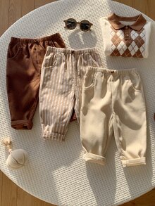 SHEIN 男女嬰兒/幼兒 3件組秋冬休閒百搭燈芯絨與條紋長褲多件裝，嬰兒冬季下身褲，校園褲 - 卡其色 - 查看 5