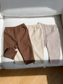 SHEIN 男女嬰兒/幼兒 3件組秋冬休閒百搭燈芯絨與條紋長褲多件裝，嬰兒冬季下身褲，校園褲 - 卡其色 - 查看 2