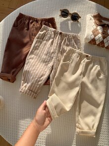 SHEIN 男女嬰兒/幼兒 3件組秋冬休閒百搭燈芯絨與條紋長褲多件裝，嬰兒冬季下身褲，校園褲 - 卡其色 - 查看 8