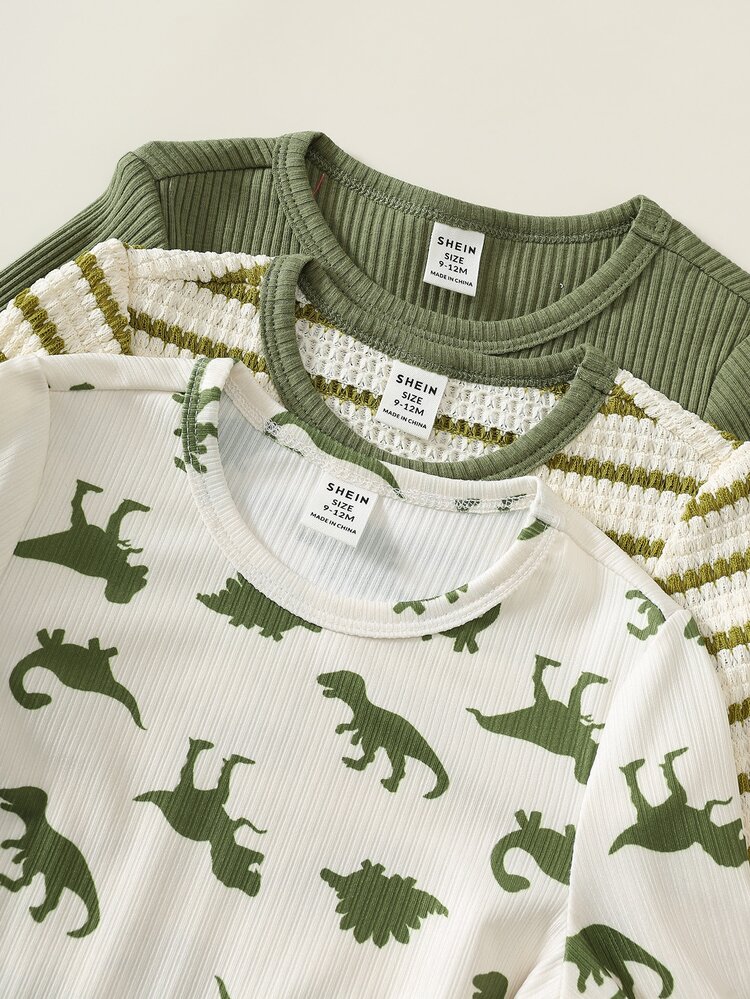 SHEIN Unisex Baby Boy/Girl, Toddler 3pcs Autumn/Winter Casual Cute Dinosaur Pattern Long Sleeve T-Shirt Multi-Pack, Baby Winter Clothes, Baby Tops - Army Green - View 4
