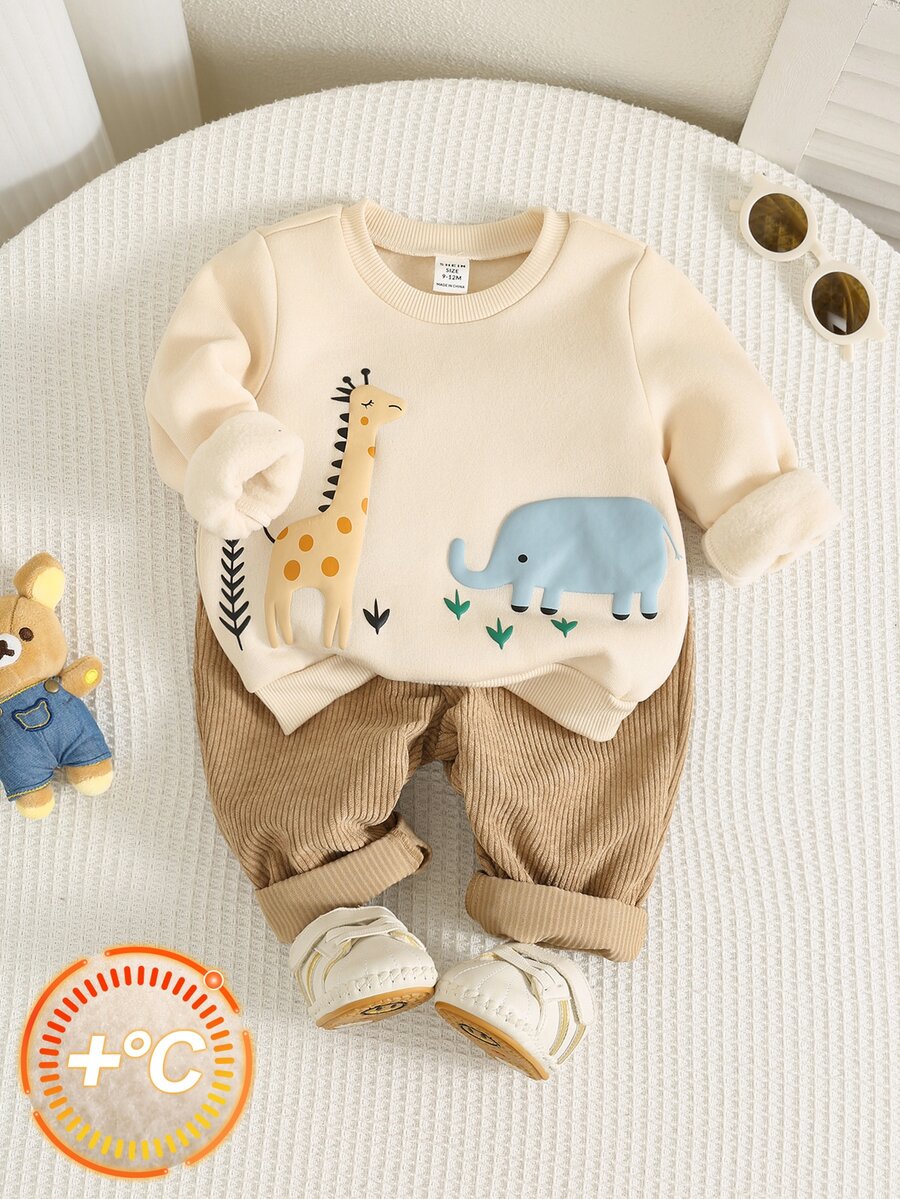 SHEIN 男女嬰兒/幼兒 2件組秋冬保暖內裡加厚可愛動物印花運動衫套裝,嬰兒冬季服飾,運動服,聖誕 - 卡其色 - 查看 1