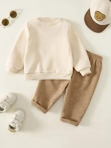 SHEIN 男女嬰兒/幼兒 2件組秋冬保暖內裡加厚可愛動物印花運動衫套裝，嬰兒冬季服飾，運動服，聖誕 - 卡其色 - 查看 2