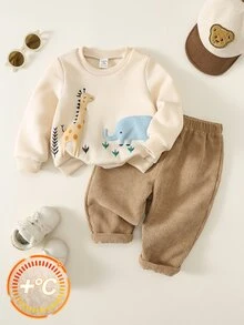 SHEIN 男女嬰兒/幼兒 2件組秋冬保暖內裡加厚可愛動物印花運動衫套裝，嬰兒冬季服飾，運動服，聖誕 - 卡其色 - 查看 5