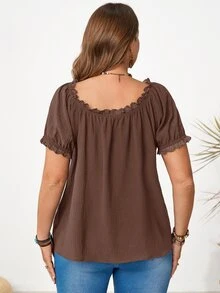 Rosumi Women's Plus Size U-Neck Lace Trim Blouse - Mocha Brown - View 4