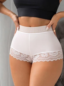 SHEIN 1pc Women's Lace Patchwork Boy Shorts - White - View 4