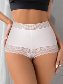 SHEIN 1pc Women's Lace Patchwork Boy Shorts - White - View 5