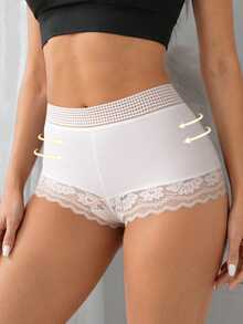 SHEIN 1pc Women's Lace Patchwork Boy Shorts - White - View 3