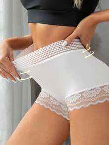 SHEIN 1pc Women's Lace Patchwork Boy Shorts - White - View 1